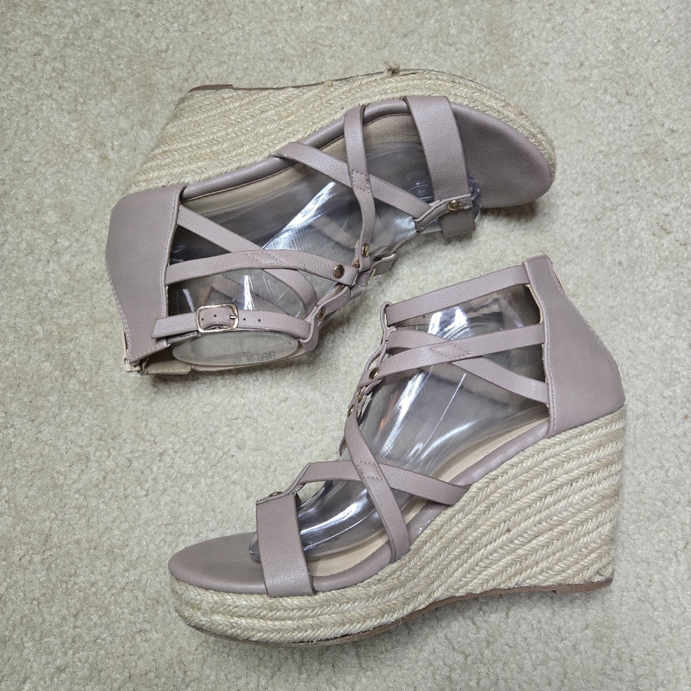 REFRESH Strappy Caged Espadrille wedges taupe high heel platform wedge sandals